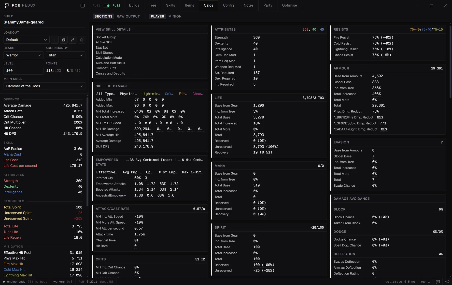 The Calcs tab with damage, life and resist sections