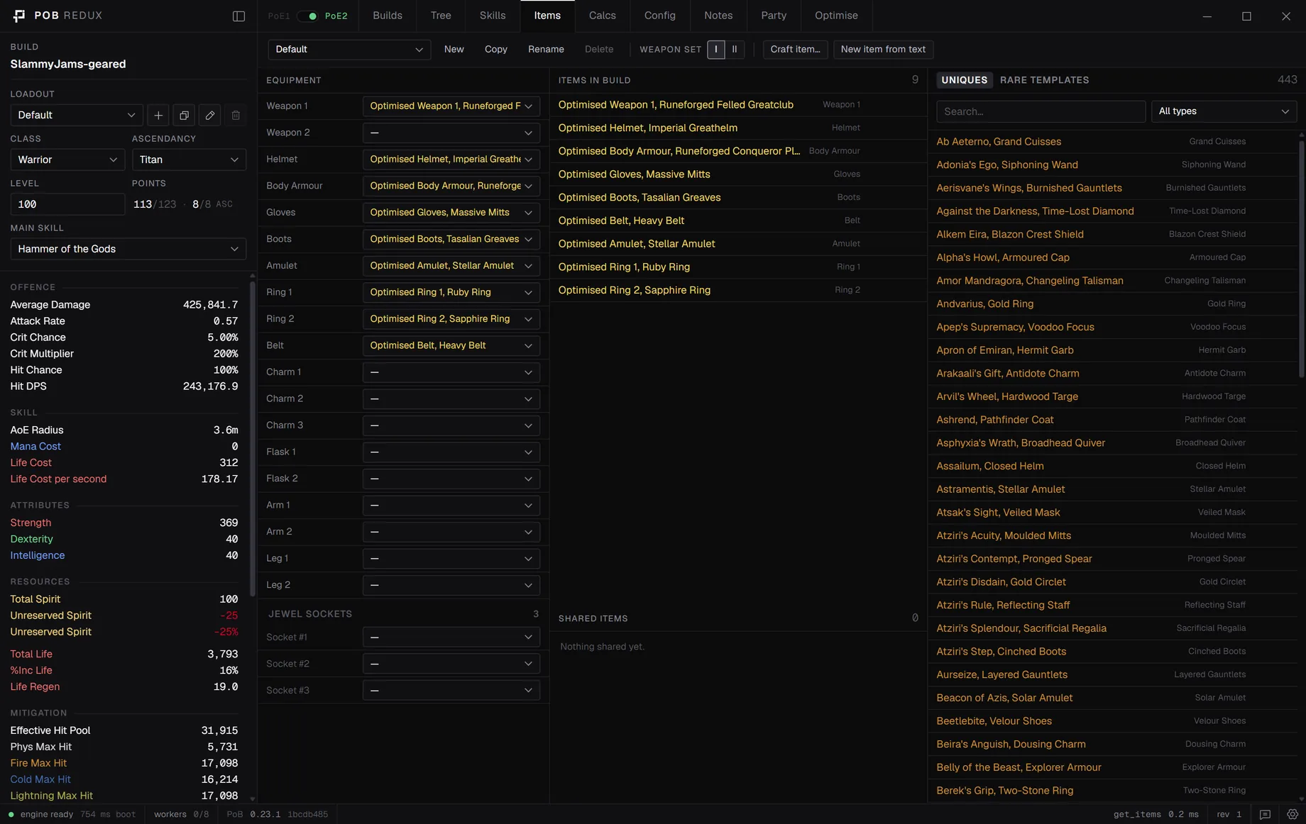 The Items tab with equipped gear and the unique list