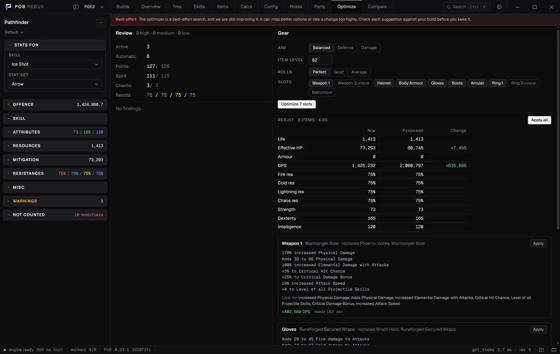 The Optimize tab with a gear result table and proposed items
