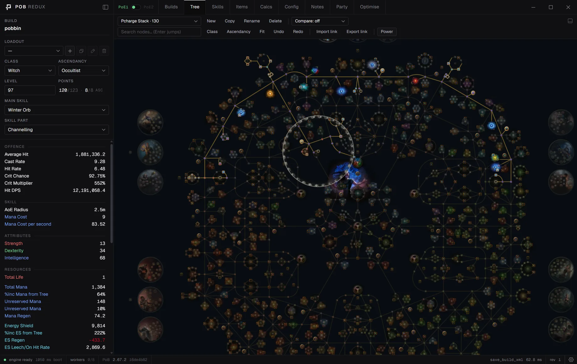 The Path of Exile 1 passive tree of an Occultist build, with the game switch set to PoE1