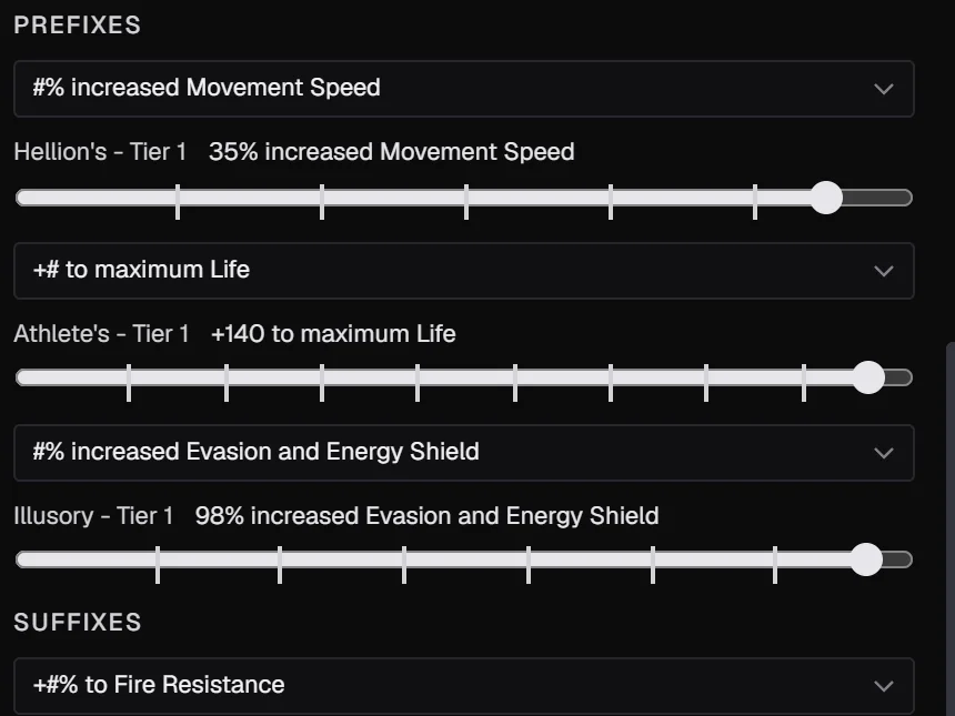Affix sliders for movement speed and maximum life, both on Tier 1