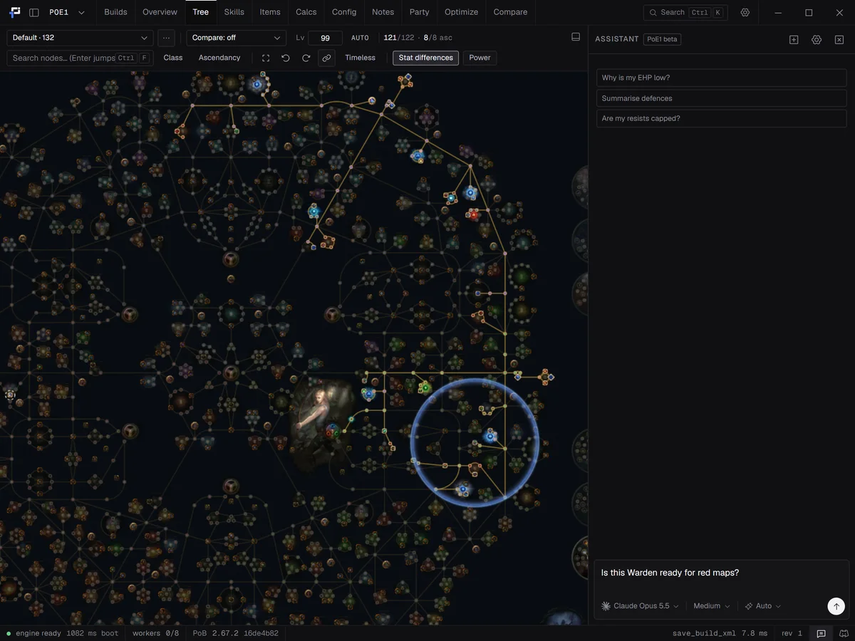 The Path of Exile 1 tree of a Warden build, with the game menu set to POE1 and the assistant marked PoE1 beta