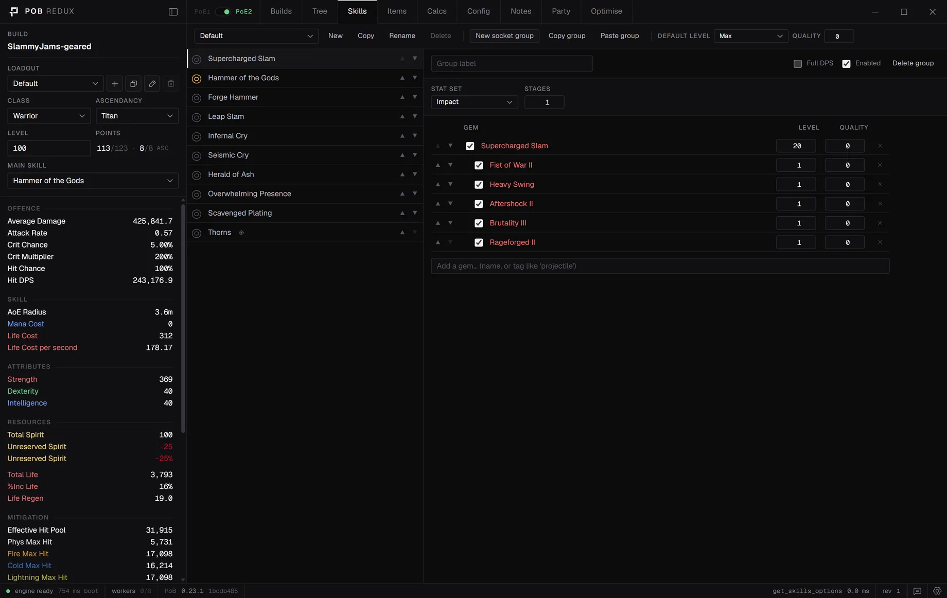 The Skills tab with socket groups and gems